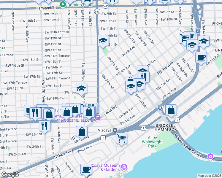 map of restaurants, bars, coffee shops, grocery stores, and more near 418 Southwest 29th Road in Miami