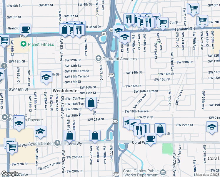 map of restaurants, bars, coffee shops, grocery stores, and more near 7710 Southwest 16th Street in Miami