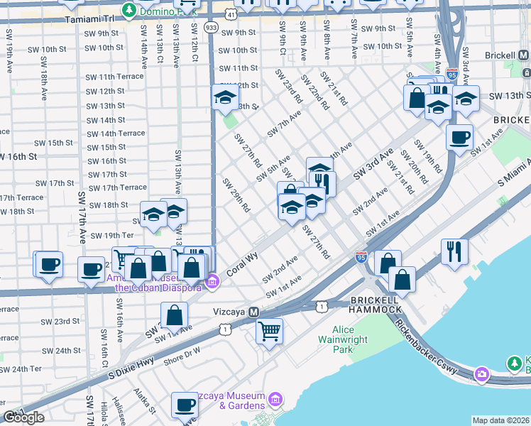 map of restaurants, bars, coffee shops, grocery stores, and more near 350 Southwest 28th Road in Miami