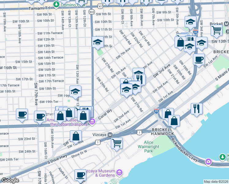 map of restaurants, bars, coffee shops, grocery stores, and more near 350 Southwest 28th Road in Miami