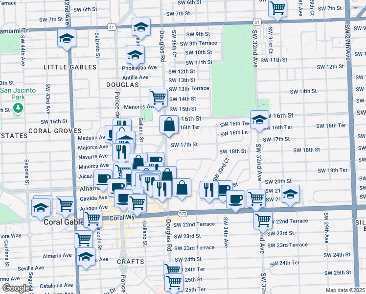 map of restaurants, bars, coffee shops, grocery stores, and more near 1720 Southwest 36th Avenue in Miami