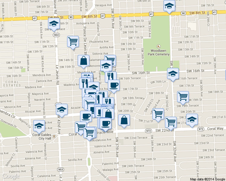 map of restaurants, bars, coffee shops, grocery stores, and more near 1717 Southwest 37th Avenue in Miami