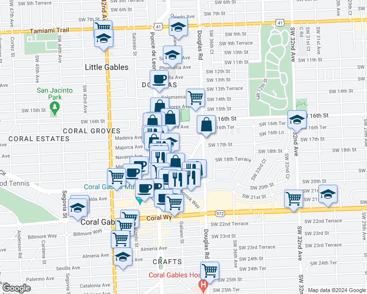 map of restaurants, bars, coffee shops, grocery stores, and more near 28 Majorca Avenue in Coral Gables