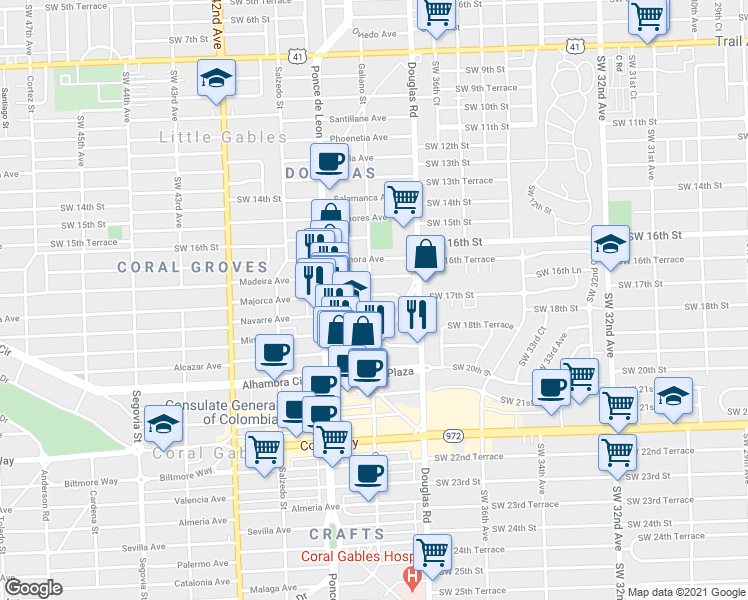 map of restaurants, bars, coffee shops, grocery stores, and more near 28 Majorca Avenue in Coral Gables