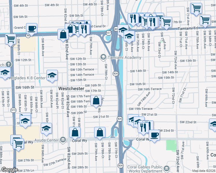 map of restaurants, bars, coffee shops, grocery stores, and more near 7760 Southwest 16th Street in Miami