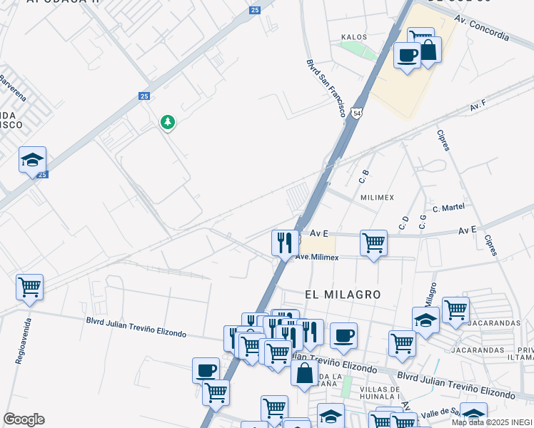 map of restaurants, bars, coffee shops, grocery stores, and more near 162 Avenida Miguel Alemán in Ciudad Apodaca