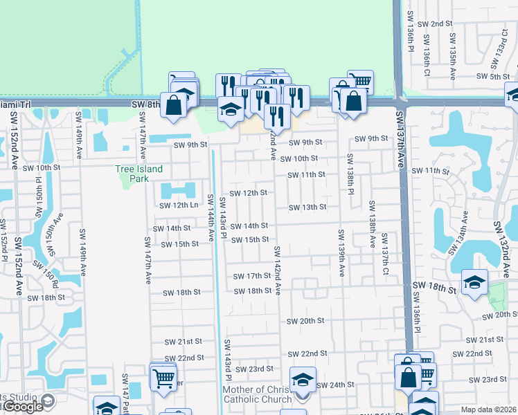 map of restaurants, bars, coffee shops, grocery stores, and more near 1290 Southwest 142nd Court in Miami