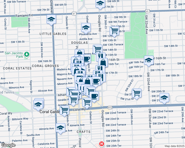 map of restaurants, bars, coffee shops, grocery stores, and more near 28 Majorca Avenue in Coral Gables