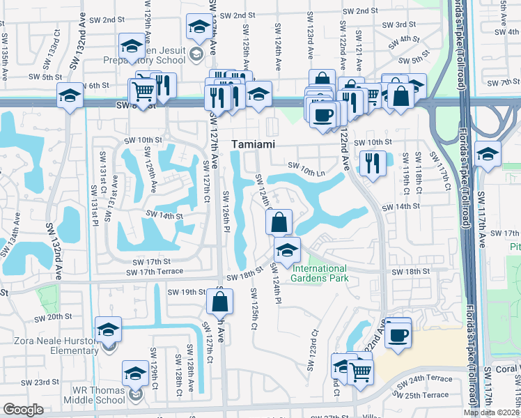 map of restaurants, bars, coffee shops, grocery stores, and more near 1317 Southwest 125th Court in Miami