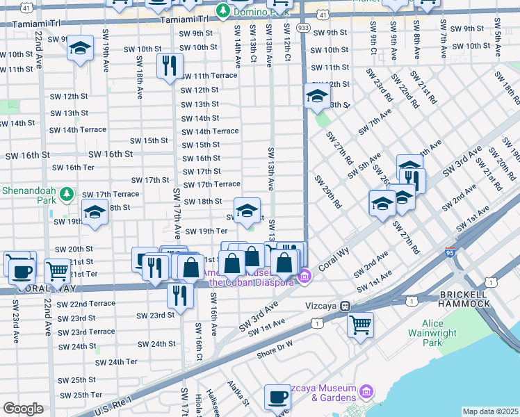 map of restaurants, bars, coffee shops, grocery stores, and more near 1334 Southwest 18th Street in Miami