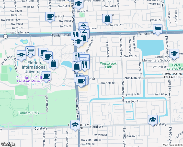 map of restaurants, bars, coffee shops, grocery stores, and more near 1550 Southwest 104th Path in Miami