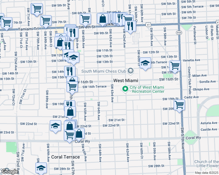 map of restaurants, bars, coffee shops, grocery stores, and more near 6310 Southwest 16th Terrace in Miami
