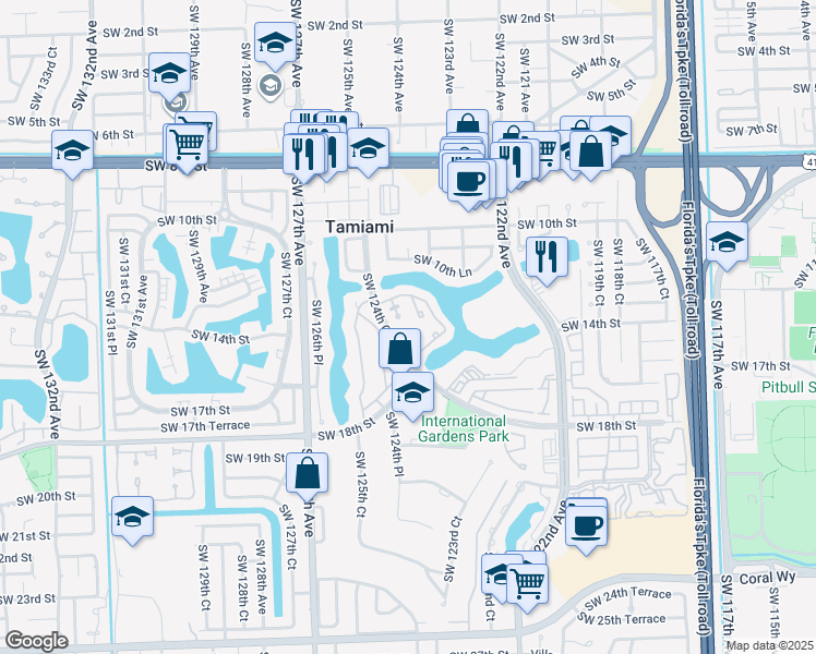 map of restaurants, bars, coffee shops, grocery stores, and more near 1431 Southwest 124th Court in Miami