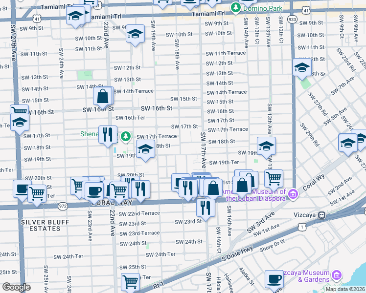 map of restaurants, bars, coffee shops, grocery stores, and more near 1810 Southwest 18th Street in Miami