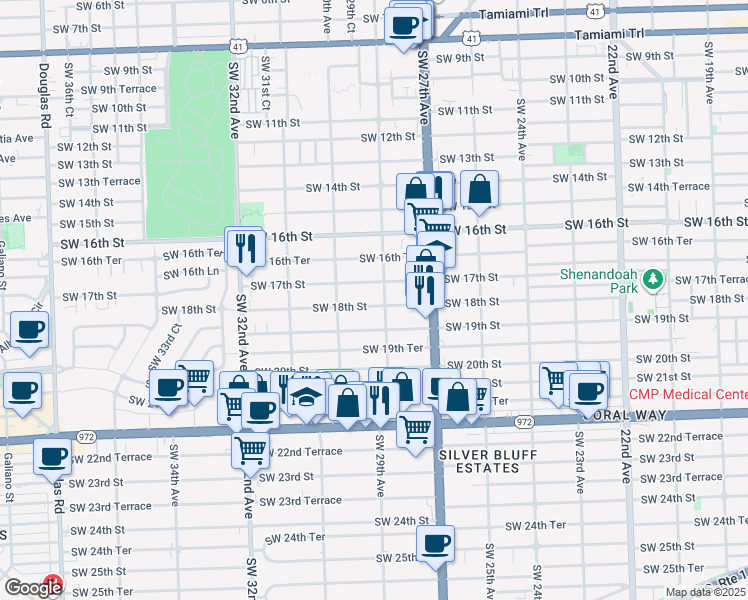 map of restaurants, bars, coffee shops, grocery stores, and more near 2911 Southwest 18th Street in Miami