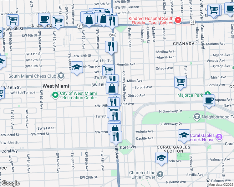 map of restaurants, bars, coffee shops, grocery stores, and more near 1725 Red Road in Miami