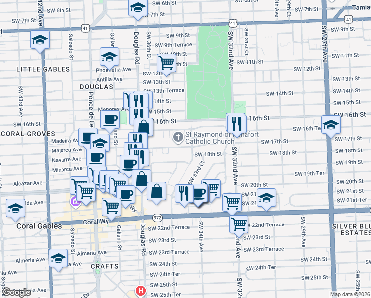 map of restaurants, bars, coffee shops, grocery stores, and more near 3524 Southwest 17th Street in Miami