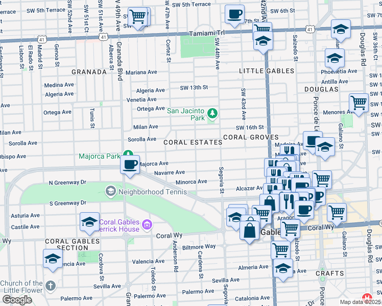 map of restaurants, bars, coffee shops, grocery stores, and more near 704 Madeira Avenue in Coral Gables