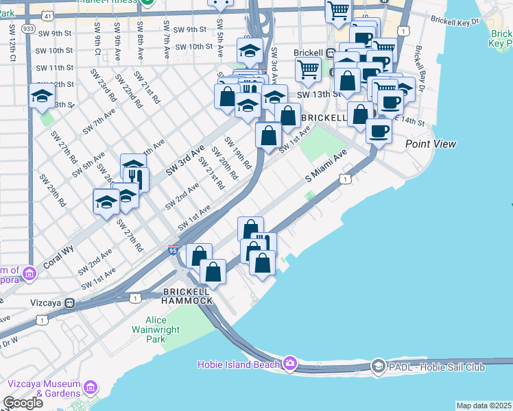 map of restaurants, bars, coffee shops, grocery stores, and more near 26 Southwest 20th Road in Miami