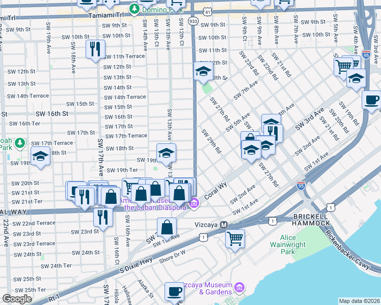 map of restaurants, bars, coffee shops, grocery stores, and more near 1825 Southwest 12th Avenue in Miami