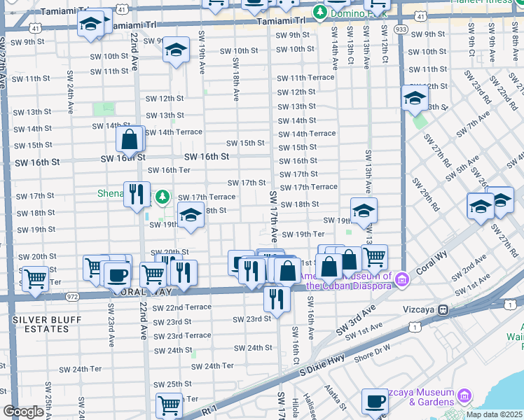 map of restaurants, bars, coffee shops, grocery stores, and more near 1753 Southwest 19th Street in Miami
