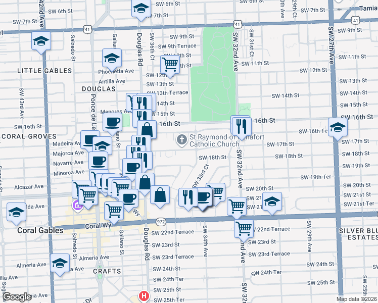 map of restaurants, bars, coffee shops, grocery stores, and more near 3524 Southwest 17th Street in Miami