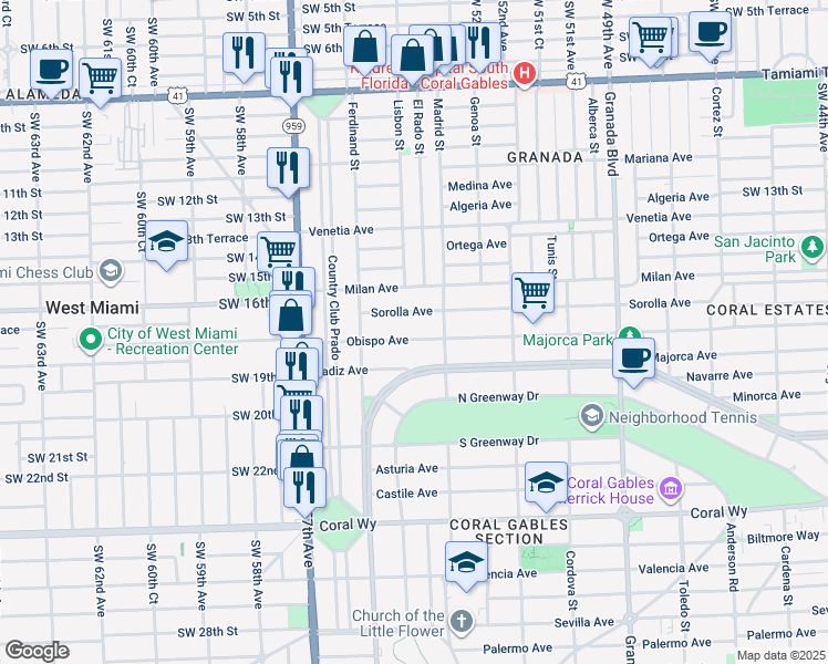 map of restaurants, bars, coffee shops, grocery stores, and more near 1325 Obispo Avenue in Coral Gables