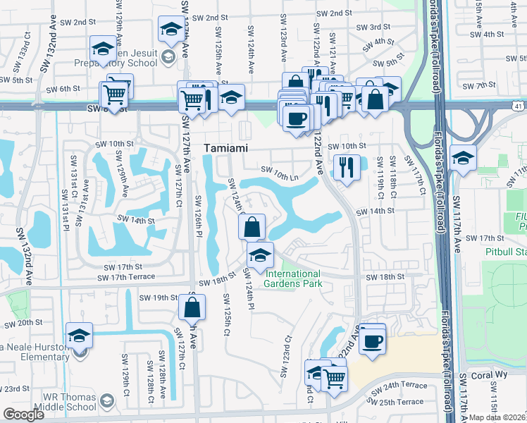 map of restaurants, bars, coffee shops, grocery stores, and more near 1471 Southwest 124th Court in Miami
