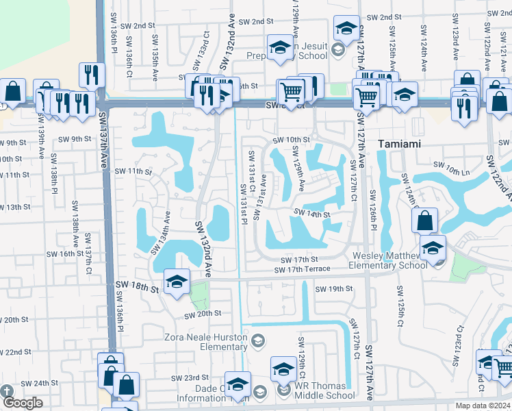 map of restaurants, bars, coffee shops, grocery stores, and more near 13101 Southwest 14th Street in Miami