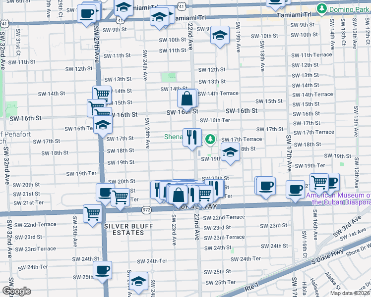 map of restaurants, bars, coffee shops, grocery stores, and more near 1805 Southwest 22nd Avenue in Miami