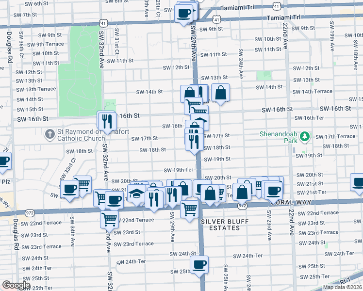 map of restaurants, bars, coffee shops, grocery stores, and more near 2743 Southwest 18th Street in Miami
