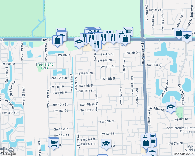 map of restaurants, bars, coffee shops, grocery stores, and more near 14106 Southwest 13th Street in Miami