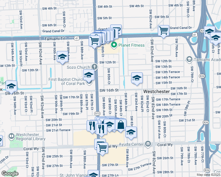 map of restaurants, bars, coffee shops, grocery stores, and more near 8521 Southwest 16th Street in Miami