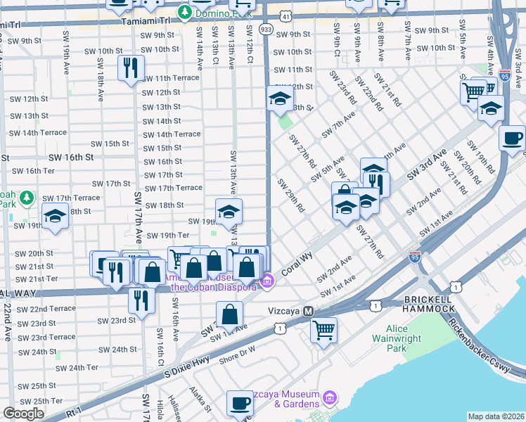 map of restaurants, bars, coffee shops, grocery stores, and more near 1825 Southwest 12th Avenue in Miami