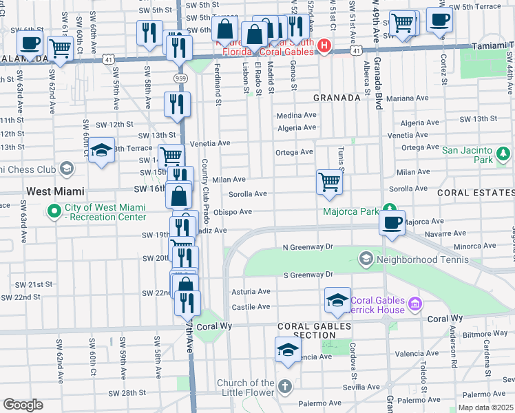 map of restaurants, bars, coffee shops, grocery stores, and more near 1325 Obispo Avenue in Coral Gables