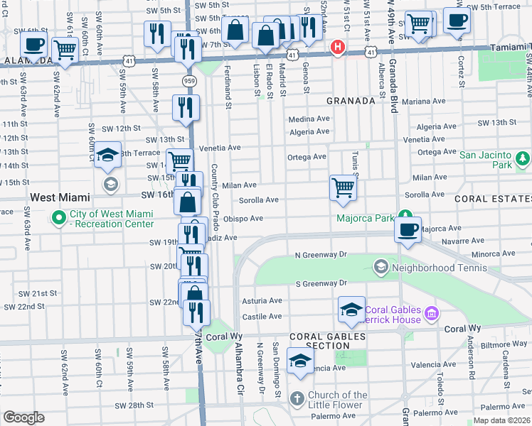 map of restaurants, bars, coffee shops, grocery stores, and more near 1325 Obispo Avenue in Coral Gables