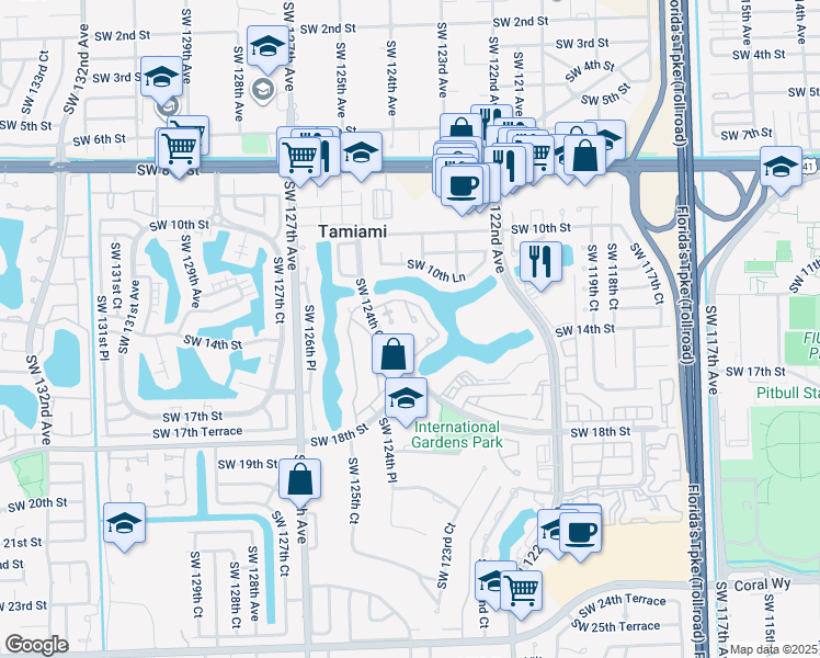 map of restaurants, bars, coffee shops, grocery stores, and more near 1471 Southwest 124th Court in Miami