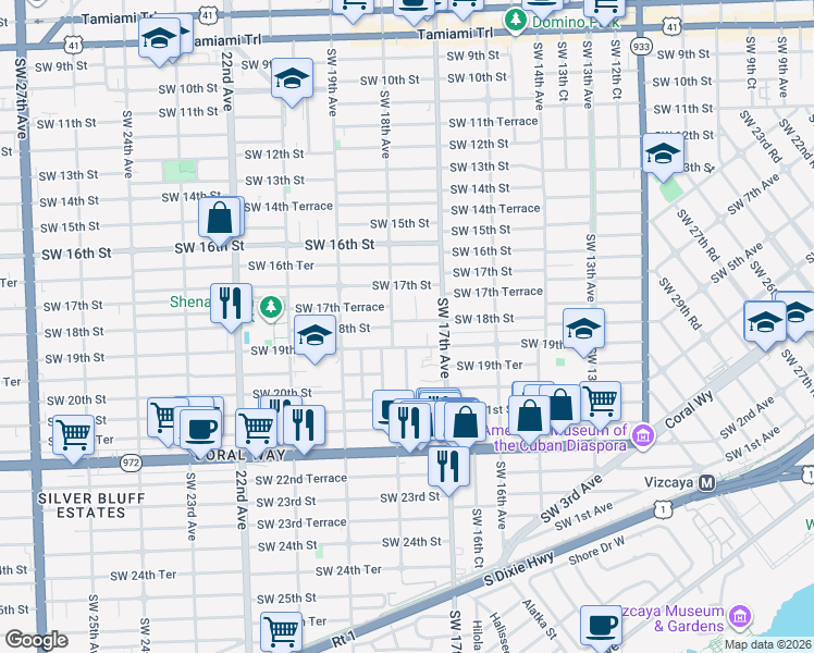 map of restaurants, bars, coffee shops, grocery stores, and more near 1753 Southwest 19th Street in Miami