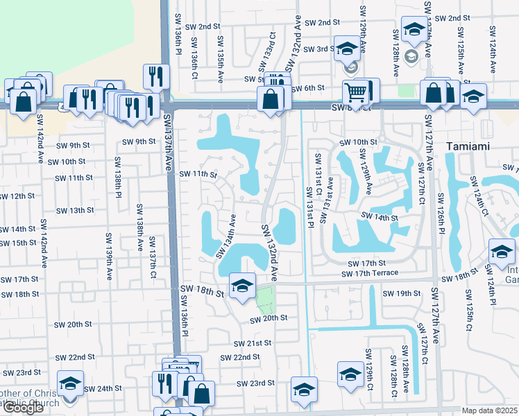 map of restaurants, bars, coffee shops, grocery stores, and more near 1221 Southwest 132nd Court in Miami