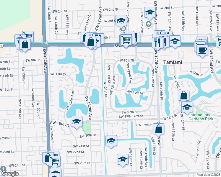 map of restaurants, bars, coffee shops, grocery stores, and more near 13101 Southwest 14th Street in Miami