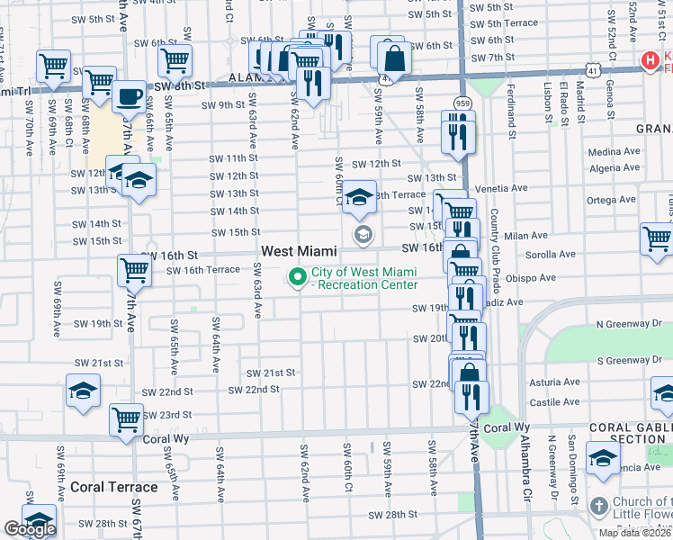 map of restaurants, bars, coffee shops, grocery stores, and more near 6041 Southwest 17th Street in Miami