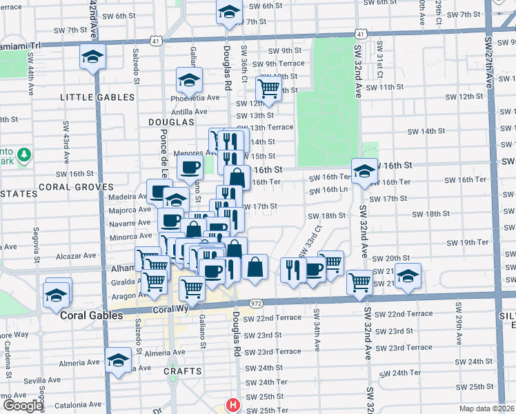 map of restaurants, bars, coffee shops, grocery stores, and more near 1720 Southwest 36th Avenue in Miami
