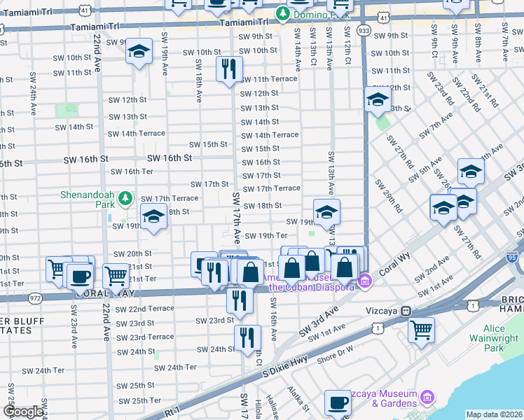 map of restaurants, bars, coffee shops, grocery stores, and more near 1831 Southwest 16th Avenue in Miami