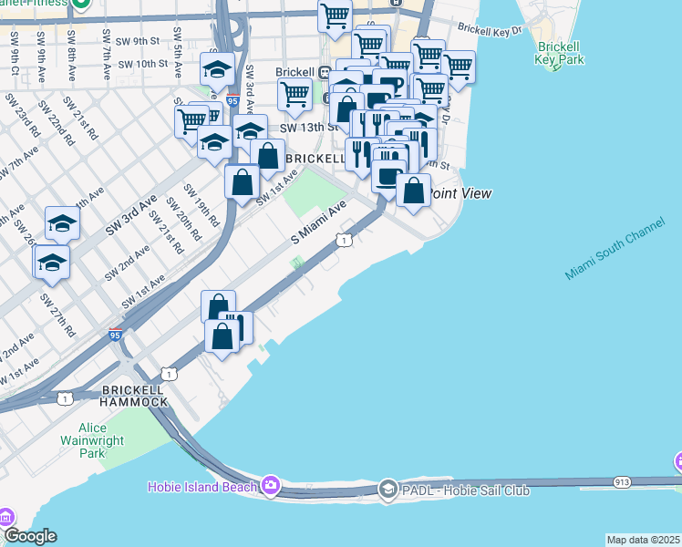 map of restaurants, bars, coffee shops, grocery stores, and more near 1643 Brickell Avenue in Miami