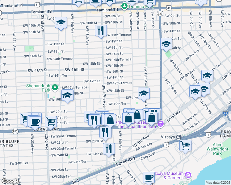 map of restaurants, bars, coffee shops, grocery stores, and more near 1831 Southwest 16th Avenue in Miami