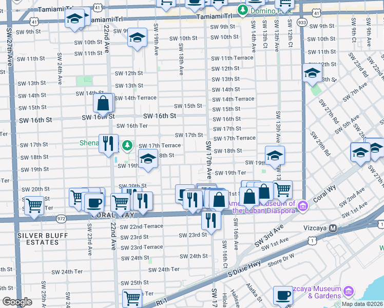 map of restaurants, bars, coffee shops, grocery stores, and more near 1753 Southwest 19th Street in Miami