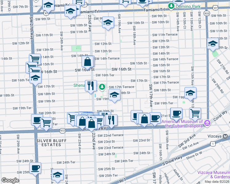 map of restaurants, bars, coffee shops, grocery stores, and more near 2000 Southwest 18th Street in Miami