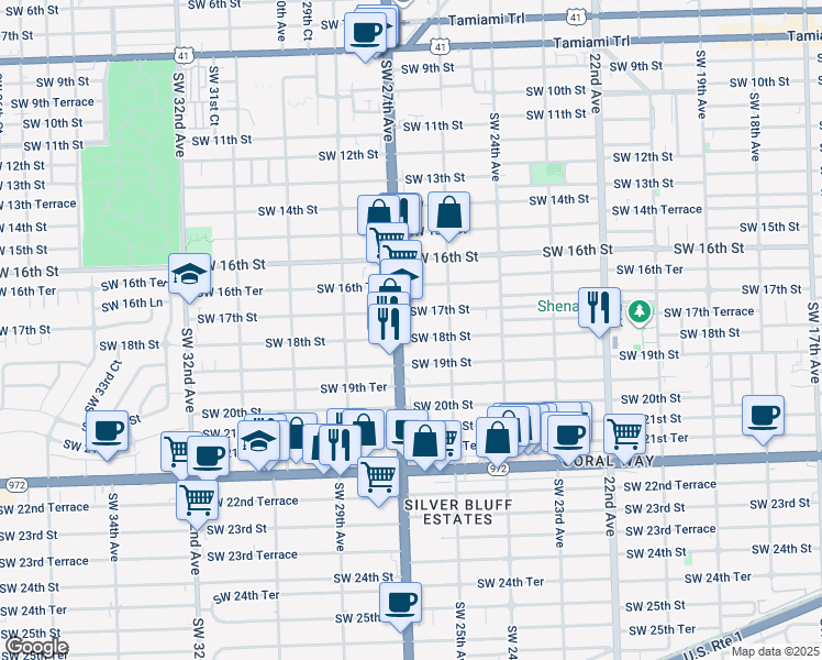 map of restaurants, bars, coffee shops, grocery stores, and more near 2626 Southwest 18th Street in Miami