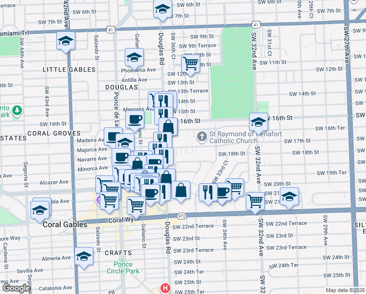 map of restaurants, bars, coffee shops, grocery stores, and more near 1720 Southwest 36th Avenue in Miami