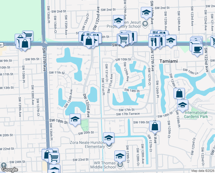 map of restaurants, bars, coffee shops, grocery stores, and more near 13101 Southwest 14th Street in Miami